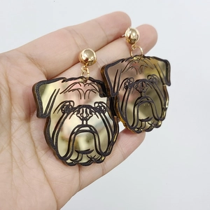 Golden mirror acrylic French Bulldog drop earrings with sleek metallic studs
