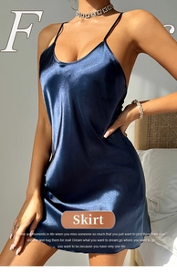 Deep blue satin nightgown detail showing the slim fit cut and glossy silk-like texture