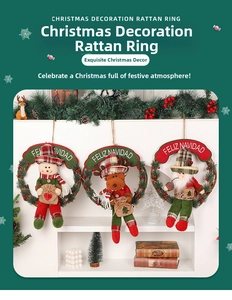 Detail of Christmas rattan wreaths featuring plush Santa, reindeer and snowman figures