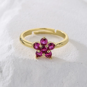 Adjustable 18K gold plated flower ring with pink cubic zirconia on white stone