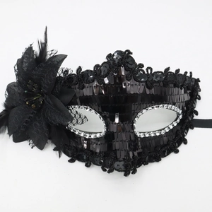 Elegant black lace masquerade mask with sequins, feathers, and crystal embellishments