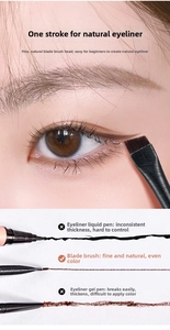 Macro shot of ultra-thin angled eyeliner brush bristles and precise brown strokes