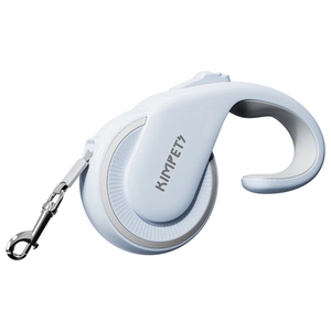 Light blue retractable dog leash with a durable metal clip and ergonomic design