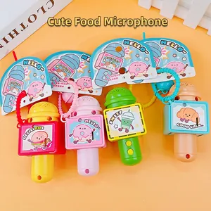 Set of four colorful cartoon food microphone toys with burger and donut designs