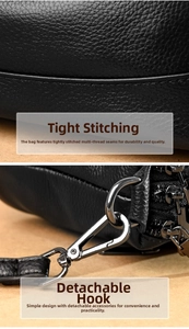 Detail of lychee pattern leather bag with reinforced stitching and dual zippers