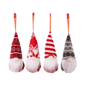 Set of 4 Christmas gnome ornaments with red and white knitted hats for holiday tree decor