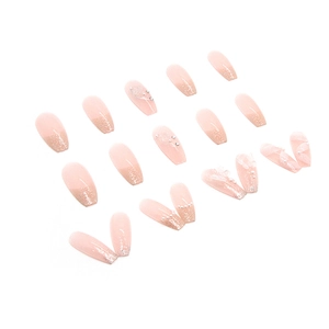 Pink gradient press-on nails with 3D butterfly, pearls and rhinestones design
