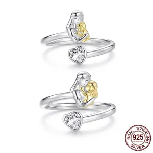Mother Child Embrace Open Ring 925 Sterling Silver Two Tone Heart Cubic Zirconia Adjustable Fashion Jewelry Gift For Women