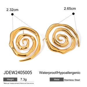 Detail view of 18k gold plated stainless steel spiral earrings with dimensions and weight