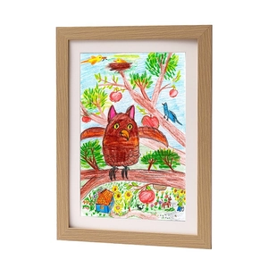 Front view of light wood art storage frame for kids artwork with colorful owl drawing