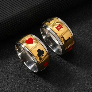 Stainless Steel Band Ring For Men Poker Card Suits Roman Numerals Two Tone Fashion Punk Jewelry
