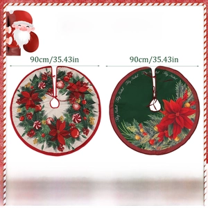 Detail view of 90cm Christmas tree skirts with festive floral prints and Feliz Natal text