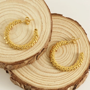 French vintage 18K gold plated stainless steel twisted rope hoop earrings for women