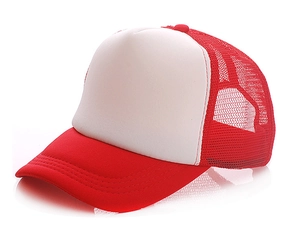 Detail view of red and white trucker hat featuring breathable mesh and reinforced visor