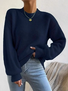 Women Pullover Sweater Crewneck Solid Color Chunky Knit Loose Fit Long Sleeve Casual Warm Winter Autumn Knitwear Tops