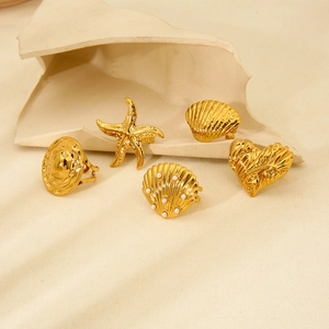 18K gold plated stainless steel shell and starfish rings with pearls for women