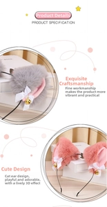 Detail of plush cat ear headband with white bows and small gold bells on metal frame