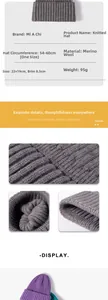 Detail of ribbed knit texture on cashmere beanies in dark grey, purple, and teal colors