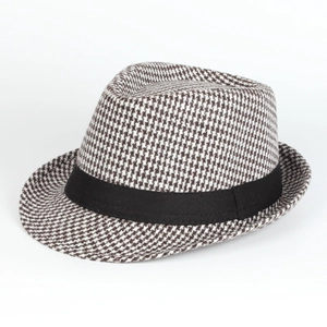 Classic houndstooth fedora hat in brown and cream with black decorative ribbon band