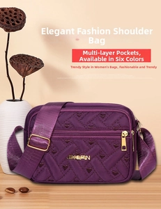 Detail of purple Oxford cloth shoulder bag with heart stitching and multiple zip pockets