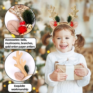Serre-tête bois de renne de Noël avec cloches et paillettes dorées pour fête de Noël