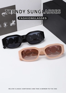Close-up of thick temple sunglasses with hollow ring detail in black and beige