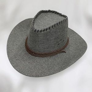 Detailed view of dark grey western cowboy hat with brown braided rope and vent holes