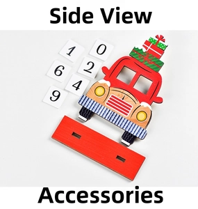 Detail view of wooden Christmas countdown calendar parts with red car and number tiles