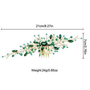 Detailed bridal hair comb dimensions 21x7cm showing emerald crystals and gold wiring