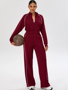 Women's two-piece wine red yoga set with zipper jacket and wide-leg sports pants