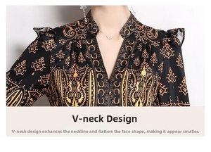 Detail of vintage V-neckline with ethnic floral pattern on black waist-cinched dress