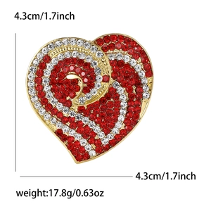 Broche cœur élégante avec strass rouges et blancs incluant les dimensions précises