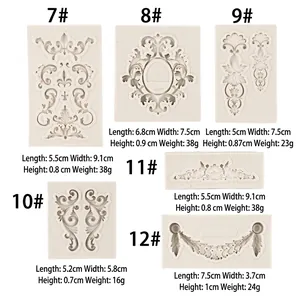 Baroque relief silicone mold set with detailed size chart for fondant and chocolate decor