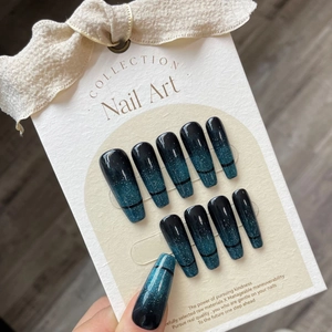 Coffin Press On Nails Cat Eye Effect Gradient Emerald Green Black Glitter Handmade Long False Nails For Women