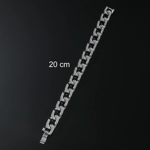 Mens iced out Cuban link chain bracelet in silver finish with zircons, 20 cm length