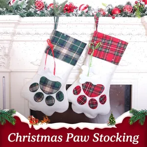 Christmas Stocking Pet Paw Shape Plaid Plush Fireplace Hanging Decor Holiday Gift Bag With Bone Fish Pendants