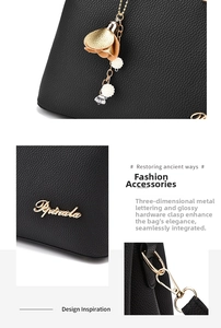 Detailed views of black lychee grain leather handbag with gold logo and pearl floral charm