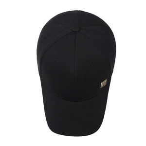Classic black six-panel baseball cap with stylish gold metal side plaque detail