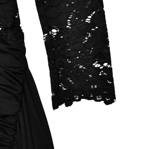 Close-up of black floral lace sleeve and pleated waist details on a slim bodycon dress