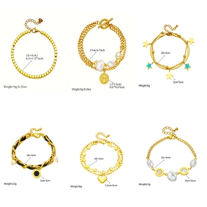 Collection of golden double-layer bracelets with pearl, star, heart, and coin charms