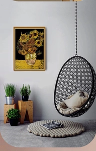 Framed Van Gogh Sunflowers scratch art painting displayed in a modern cozy room setup
