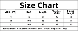 Size chart for women's long sleeve printed jacket showing bust, length, and sleeve dimensions