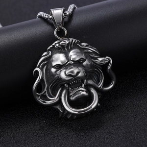 Retro Stainless Steel Lion Head Pendant Necklace With Ring 3D Punk Hip Hop Gothic Jewelry For Men