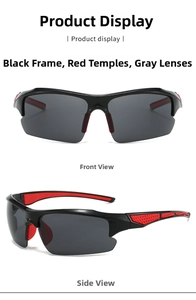 Outdoor sports sunglasses with black semi-rimless frames, grey lenses and red rubber arms