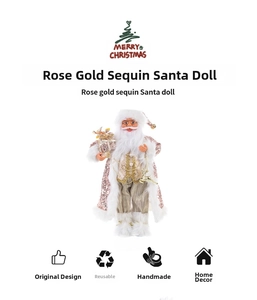 Detail of rose gold Santa doll with sequins, plush trim and golden gift bag accessory
