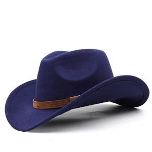 Classic dark blue wool felt cowboy hat featuring a rustic brown faux leather belt band