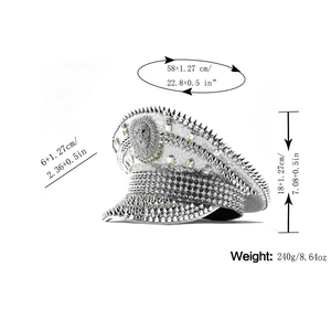 Detailed size specifications and weight of the silver sequin captain hat with lion emblem