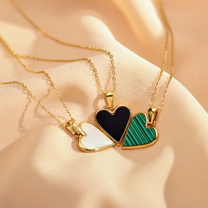 Elegant gold-plated heart necklaces with pearl white, black, and malachite green inlays