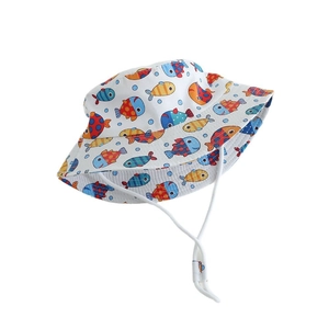 Kids cotton bucket hat with colorful cartoon fish prints and adjustable chin strap