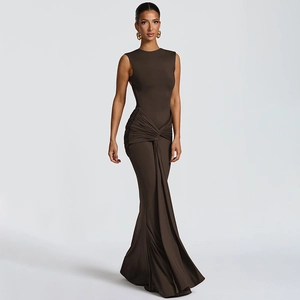 Detailed view of dark brown evening dress with elegant twist knot and gathered pleats